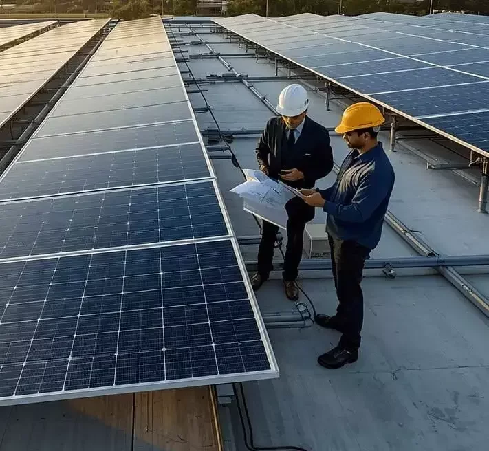Engineers inspecting a rooftop solar installation with technical drawings