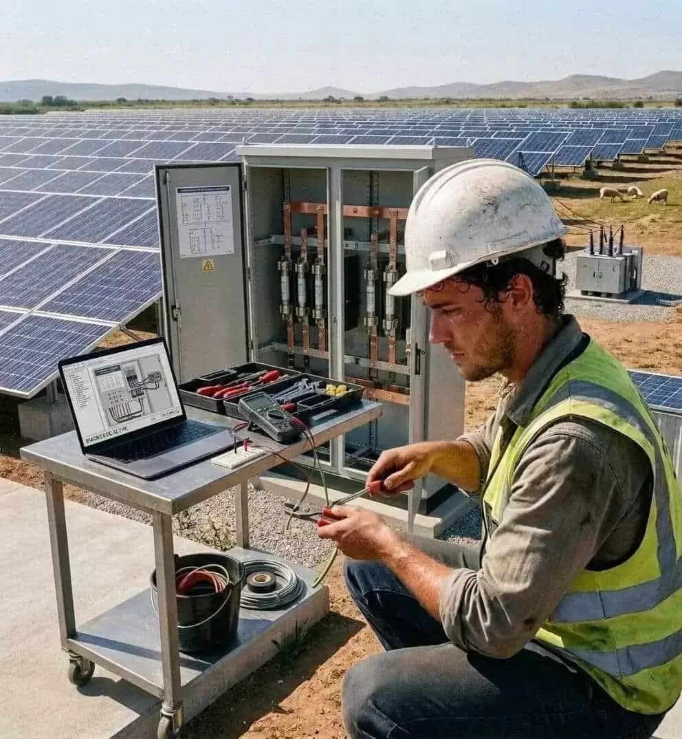 Technician testing electrical equipment in a combiner box at a solar PV plant